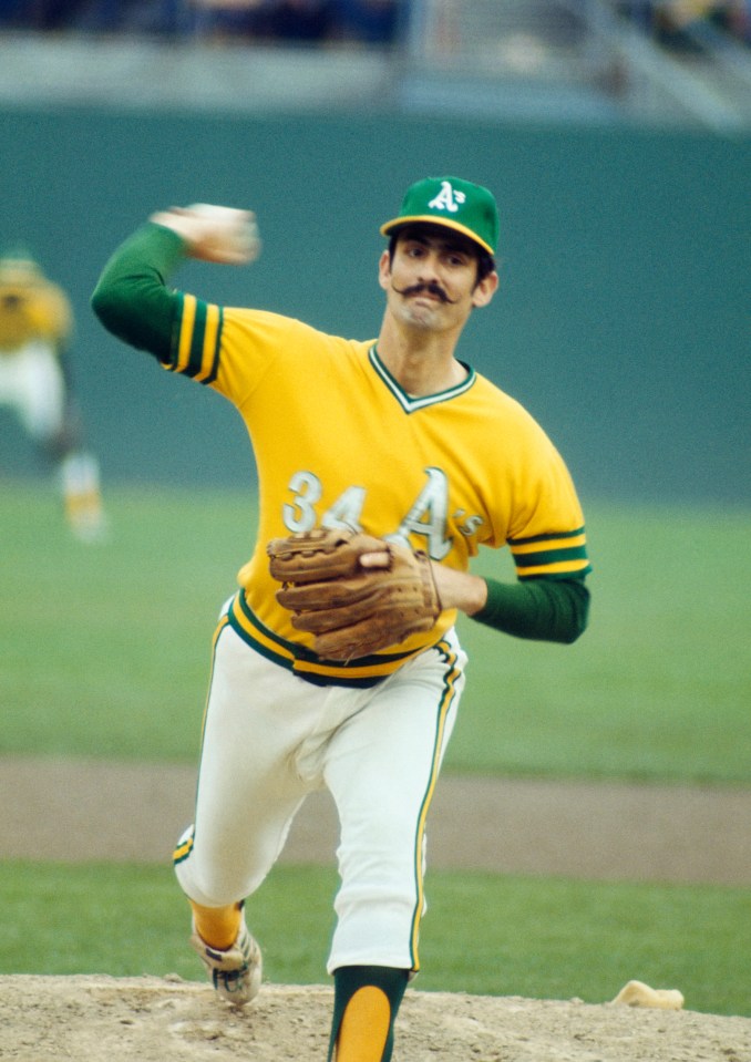 OAKLAND, CA - OCTOBER 1972: Rollie Fingers #34 of the Oakland Athletics pitches during the World Series against the Cincinnati Reds at Oakland Coliseum on October 1972 in Oakland, California. (Photo by Focus on Sport via Getty Images)