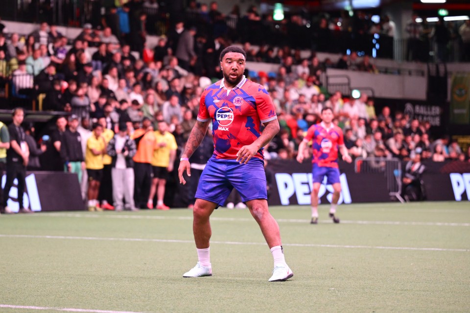 LONDON, ENGLAND - APRIL 21: Troy Deeney competes for the ball with opposition during "Baller League x Match Day 5" at Copperbox Arena on April 21, 2025 in London, England. (Photo by Jordan Peck/Getty Images)