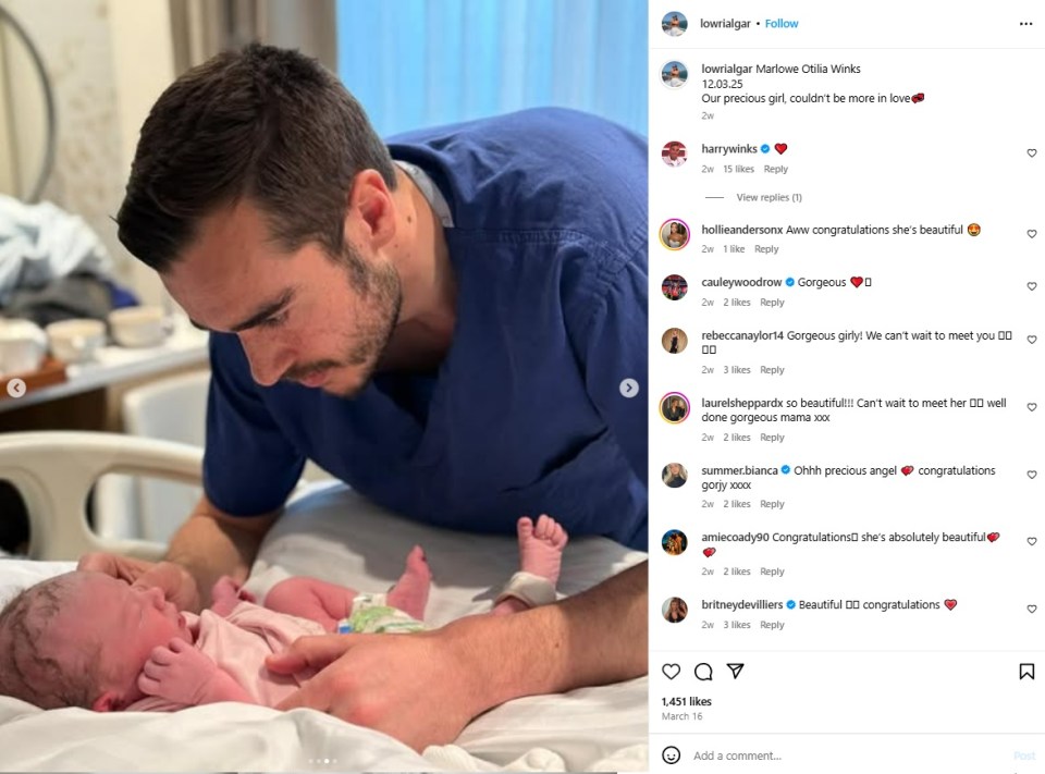 Winks' partner posted about their daughter's birth last month and it seems Winks is keen to remain at home