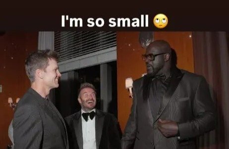 Beckham was left feelign small next to the 6' 4" frame of Tom Brady and a 7'1 inch Shaq