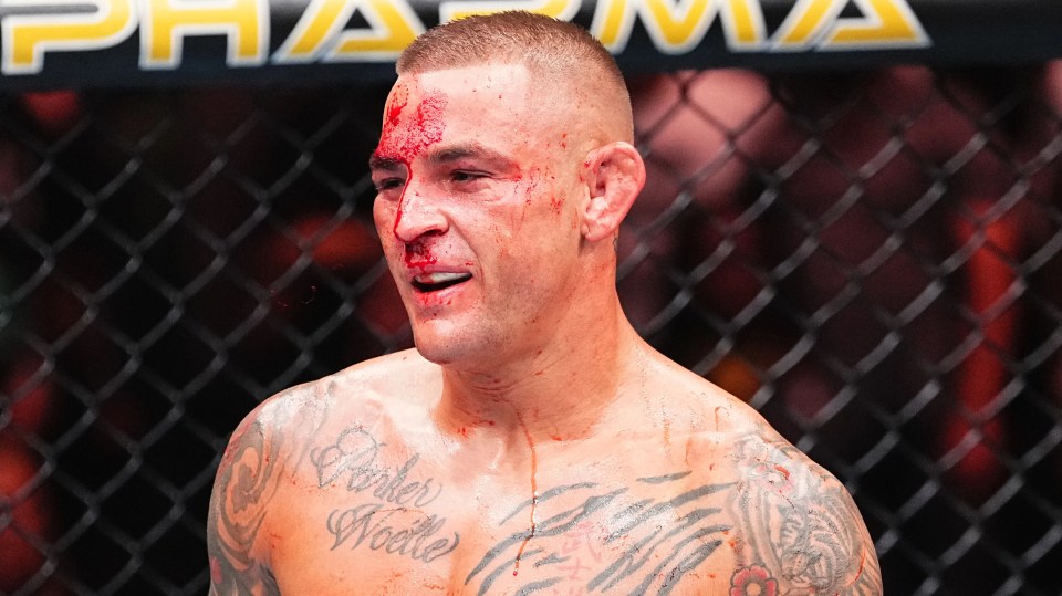 NEWARK, NEW JERSEY - JUNE 01: Dustin Poirier walks to his corner between rounds against Islam Makhachev in the UFC lightweight championship fight during the UFC 302 event at Prudential Center on June 01, 2024 in Newark, New Jersey. Makhachev won by submission. (Photo by Jeff Bottari/Zuffa LLC via Getty Images)