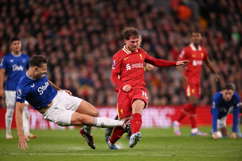 Tarkowski caught Mac Allister high up the leg in his follow through