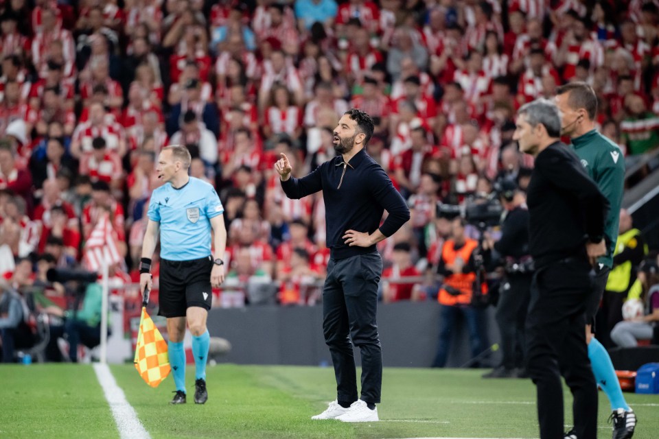 BILBAO, SPAIN - MAY 01: Manager Ruben Amorim of Manchester United reacts on the touchline during the UEFA Europa League 2024/25 Semi Final First Leg match between Athletic Bilbao and Manchester United at San Mames Stadium on May 01, 2025 in Bilbao, Spain. (Photo by Ash Donelon/Manchester United via Getty Images)